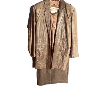 Bermans Vintage Leather Suit 6 Brown 2 Skirt Blazer Piece Jacket Casual Lambskin